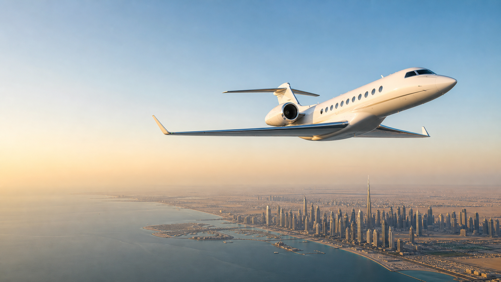 Business jet flying above Dubai